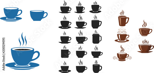Coffee Cup Icon Set with Hot Beverage Mugs in Flat Silhouette and Outline Styles Vector Collection for Cafe Menu Branding and UI Design