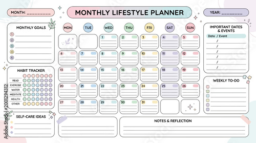 Aesthetic pastel monthly planner template for organizing lifestyle goals, daily tasks, and self-care routines for improved productivity