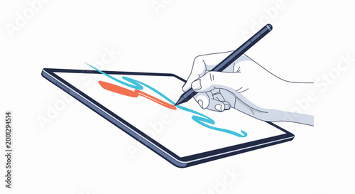Person sketching on a tablet with a stylus isolated on white background