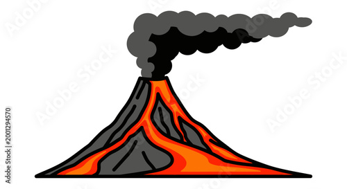 Volcano erupting with smoke and lava isolated on white background