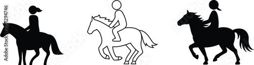 Horse racing icons set, jockey riding a galloping horse vector illustration in solid, outline, and hand-drawn doodle styles, dynamic equestrian sport symbols for racing events, betting apps, 