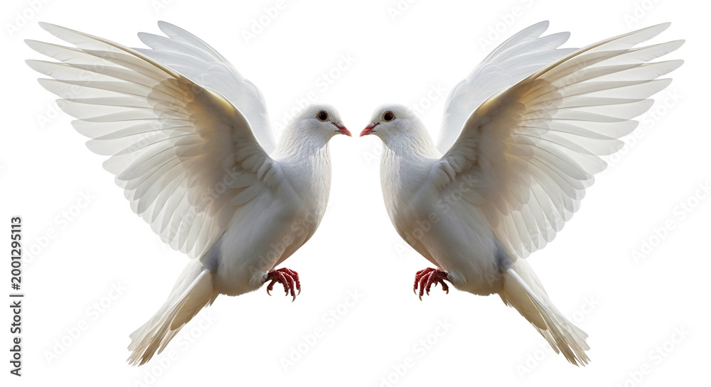 Fototapeta premium Two white doves face each other with their wings spread wide on transparent background