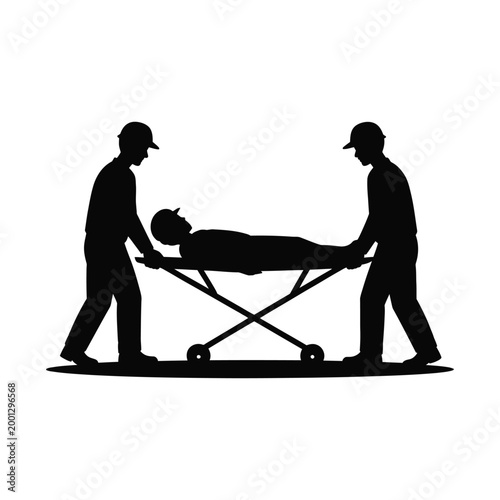 Paramedics carrying patient on stretcher medical emergency transport healthcare team.