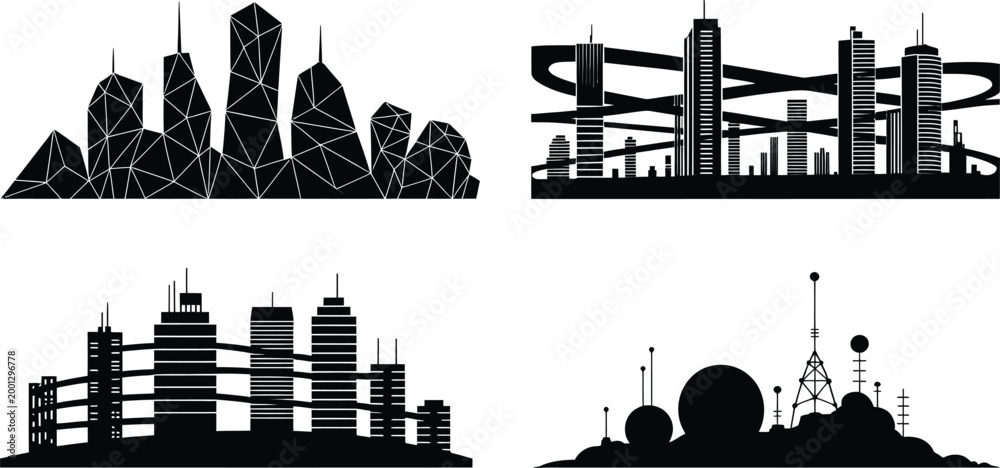 Obraz premium Silhouette cityscapes with, set of 4, modern architecture and communication towers