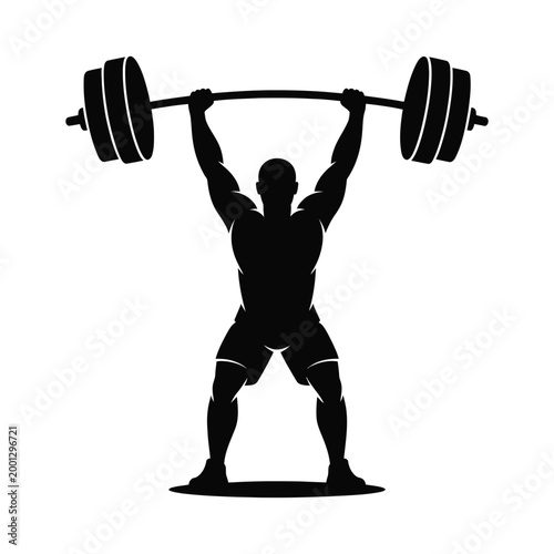 Silhouette of powerful male weightlifter performing overhead barbell lift at gym center.