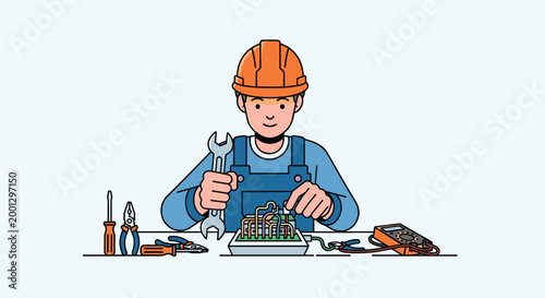 A technician wearing an orange hard hat repairs delicate electronic circuitry at a workbench filled with various manual tools against a plain white background.