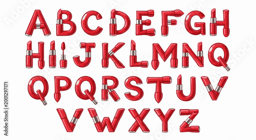 Alphabet made of red lipstick and nail polish tubes