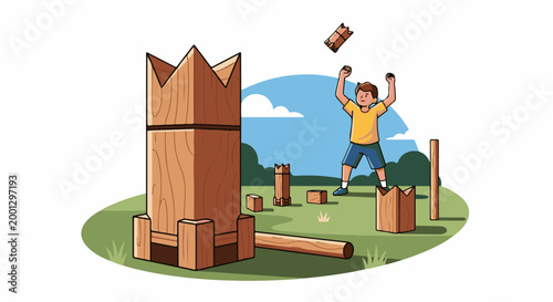 Boy throwing a block at a wooden castle tower outdoors