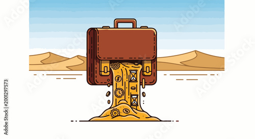 Brown briefcase in desert spilling time and money