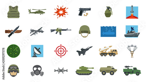 Military Defense and Warfare Icon Set with Weapons and Vehicles
