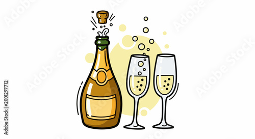 Bubbling champagne bottle popping cork next to two full champagne flutes