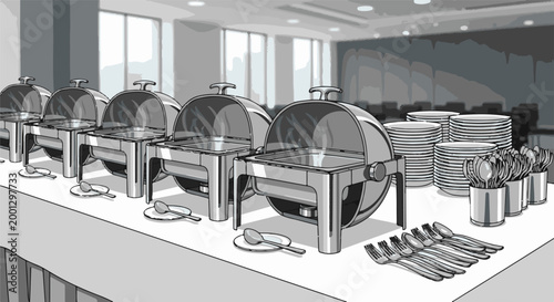 Buffet chafing dishes, stacks of plates, and cutlery arranged on a table