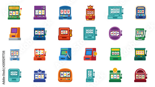 Slot Machine Casino Game Icon Set with Jackpot and Lucky Symbols