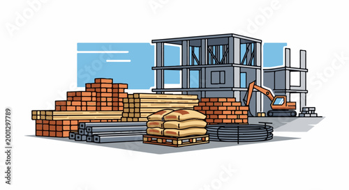 Building materials piled up at a construction site with an excavator