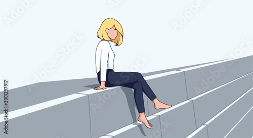 Blond woman with downcast eyes sits on concrete structure