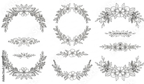 Elegant botanical line art frames and borders with wildflowers and herbs for wedding invitation design