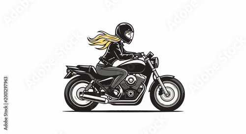 Blonde woman in leather jacket and helmet rides a motorcycle