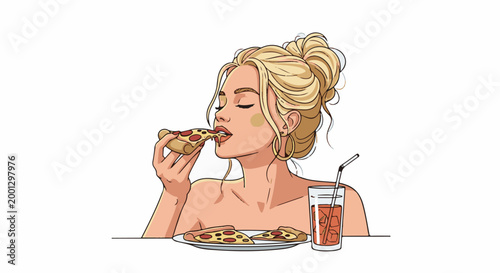 Blonde woman enjoying a slice of pizza and a refreshing drink
