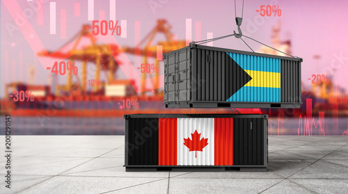 Fotografía Trade Dynamics: The image shows a juxtaposition of international trade, where cargo containers flaunt the flags of Bahamas and Canada, offering a visual narrative on global commerce
