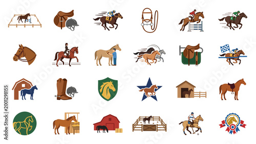 Equestrian Horse Riding Icon Set with Racing Polo Jumping Stable and Saddle Gear