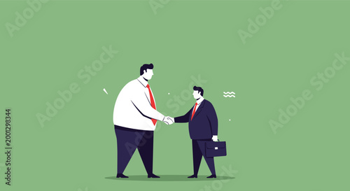 Large and small businessmen shake hands against a green background to represent a partnership between a corporation and a startup.