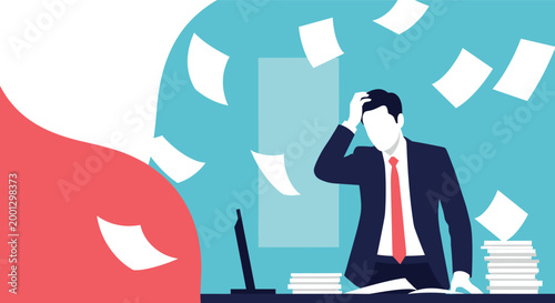Overwhelmed businessman in a professional suit holds his head as white papers fly chaotically around him in a high pressure workplace.