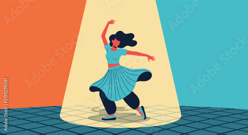 Energetic dancer performs a graceful movement under a spotlight on a stage with a blue and orange background during a theater show.