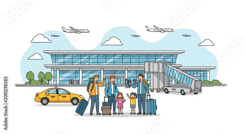 Happy family with luggage stands in front of an airport terminal while airplanes take off and a yellow taxi waits for passengers.