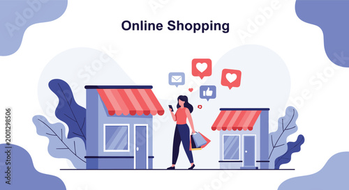 Happy shopper carries bags while walking between boutique stores representing the joy of combining online and traditional retail.