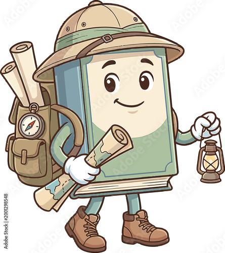 A cartoon book character dressed as an explorer, complete with a pith helmet, backpack, and map, holding a lantern and ready for an adventure