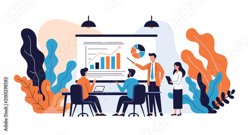 Collaborative team meets in an office decorated with plants to analyze market growth data and financial reports on a whiteboard screen.