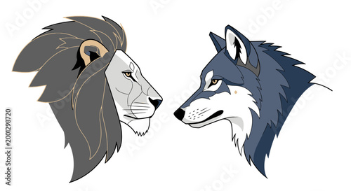 Lion and wolf facing each other in profile against a white background