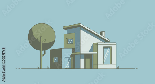 Modern house illustration with tree against blue background vector design