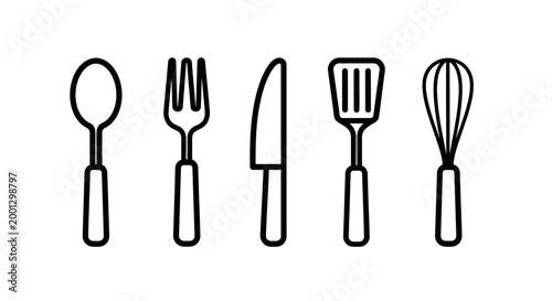 Outlined kitchen utensils collection on white background cooking and dining tools