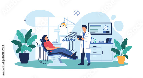 Experienced dentist wearing a white coat consults with a patient in a medical chair to discuss dental health and hygiene treatment options.