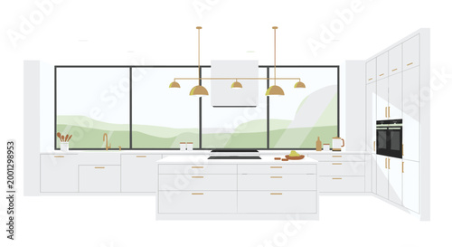 Contemporary kitchen island with a built-in cooktop stands before a wide window overlooking a scenic green landscape under bright interior lighting conditions.