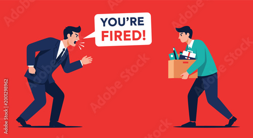 Angry boss shouts at an employee while holding a speech bubble saying You are fired as the worker leaves with his box of belongings.