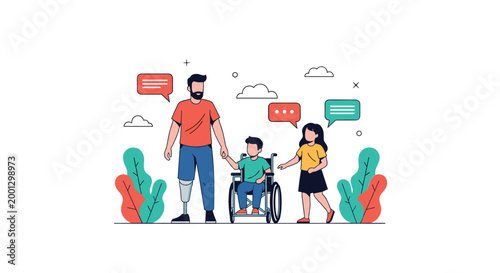 Loving father with a prosthetic leg walks with his children including a son in a wheelchair to promote family strength and awareness.