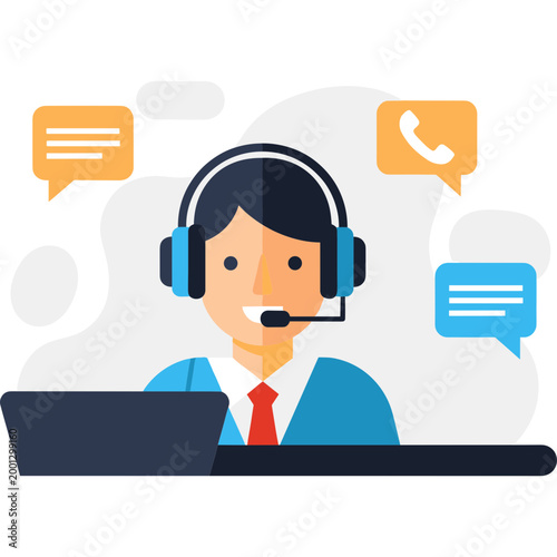 A customer service representative wearing a headset talks on laptop with speech bubbles around.