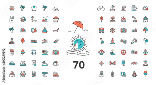 Set of 70 colorful travel and tourism line icons.