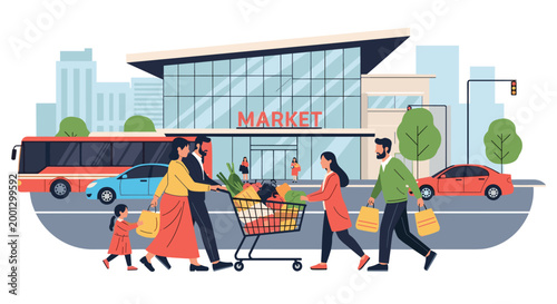 Busy scene in front of a modern city market with people pushing shopping carts and carrying bags next to a street with traffic.