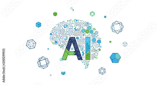 Innovative artificial intelligence technology conceptual design featuring glowing digital circuitry letters and floating geometric polyhedral elements on a minimalist bright white
