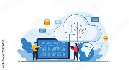Cloud computing concept showing people interacting with data on a laptop next to a globe and a large digital cloud with circuits.