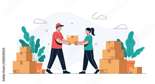 Friendly delivery person hands a cardboard box to a woman at her home surrounded by several packages in an e-commerce concept.