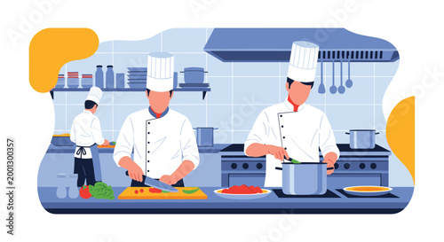 Professional chefs work in a clean modern restaurant kitchen while preparing delicious meals with fresh vegetables and ingredients.