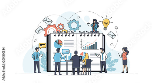 Group of business professionals collaborate on tasks around a giant open book filled with financial graphs and data visualization.