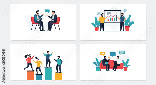 Four illustrations show business teamwork activities including interviews, data presentations, competition, and informal office meetings.