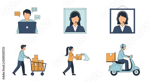 Collection of icons depicts customer service representatives and delivery workers in various professional roles and transportation modes.