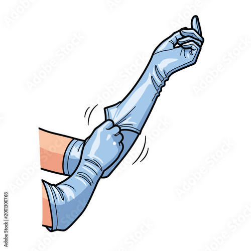 Person wearing blue protective gloves on hands for safety precaution