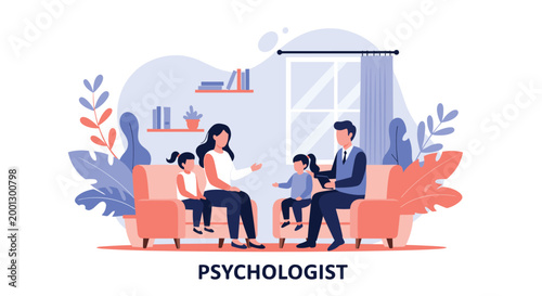 Psychologist conducts a family therapy session in a comfortable office to help parents and their children communicate better.